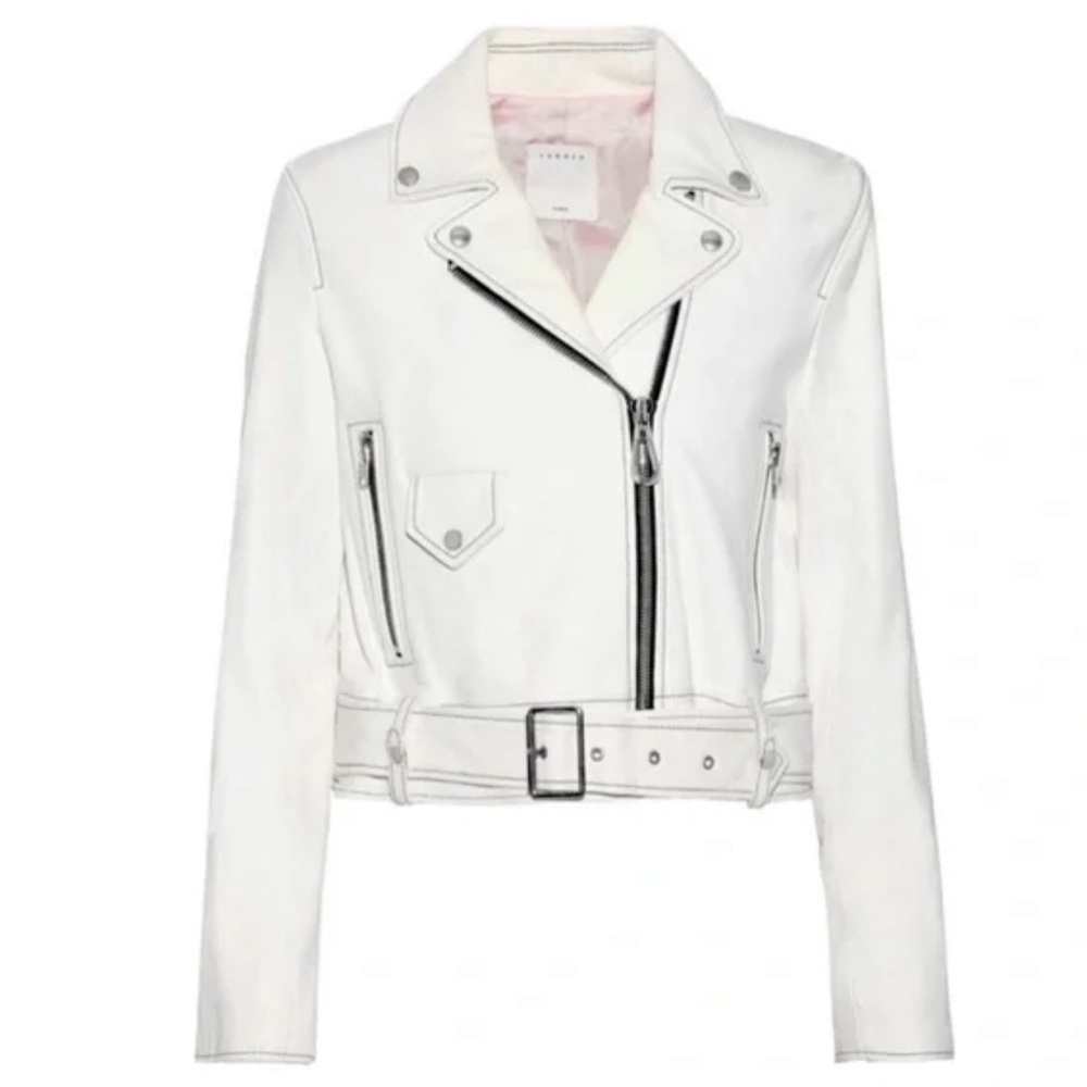 Sandro Edwin White Sheepskin Leather Cropped Motorcycle Jacket A1A Moto